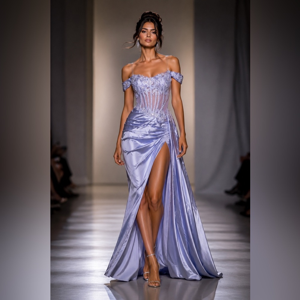 Lavender Lace Corset Formal Gown Off Shoulder Satin Dress